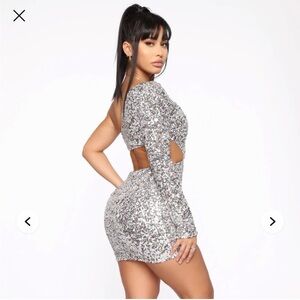 Fashion Nova One Shoulder Silver Dress